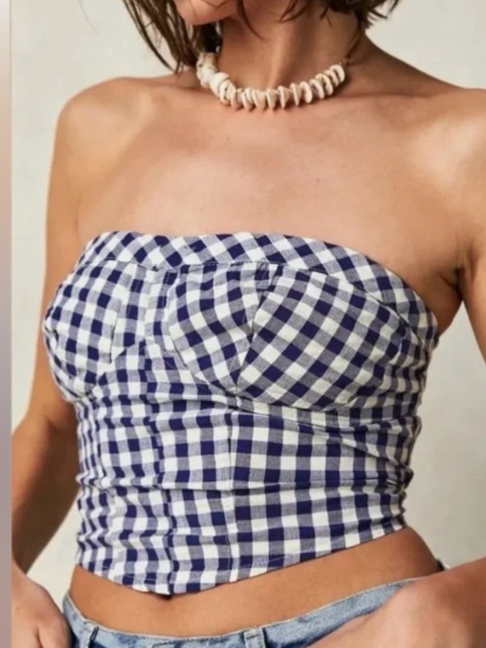 Free People Leilani Bustier Strapless Tube Top Blue/White Gingham Check S NWT